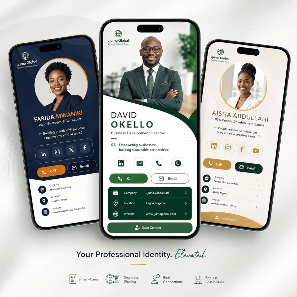 Three executive smartphones showing Fizmoh digital business cards with video covers, custom links, and WhatsApp actions