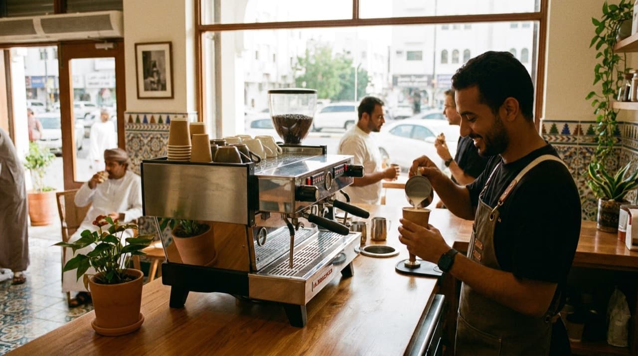 A barista pouring latte art into a takeaway cup at a warm-wood specialty coffee bar in soft morning light