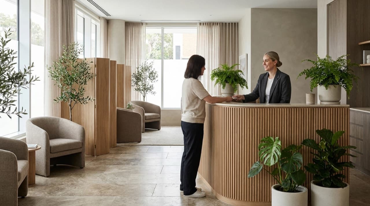 A calm modern clinic reception with warm wood accents, plants and soft daylight, and a receptionist assisting at a curved desk