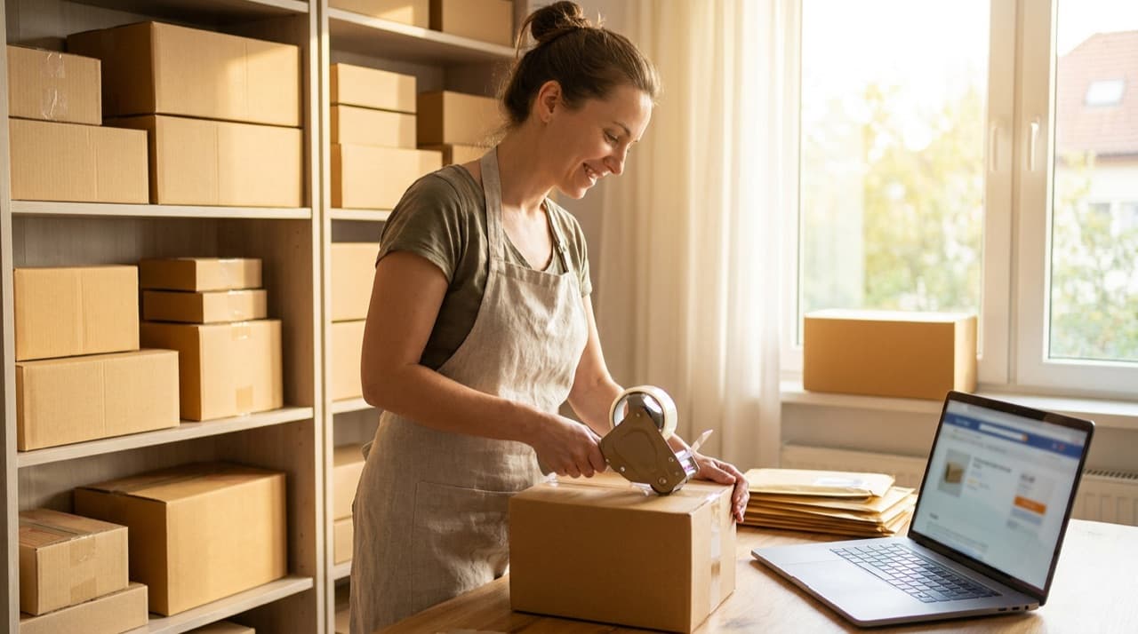 An online-store owner packing cardboard parcels at a bright home studio with shelves of stacked boxes and a laptop open