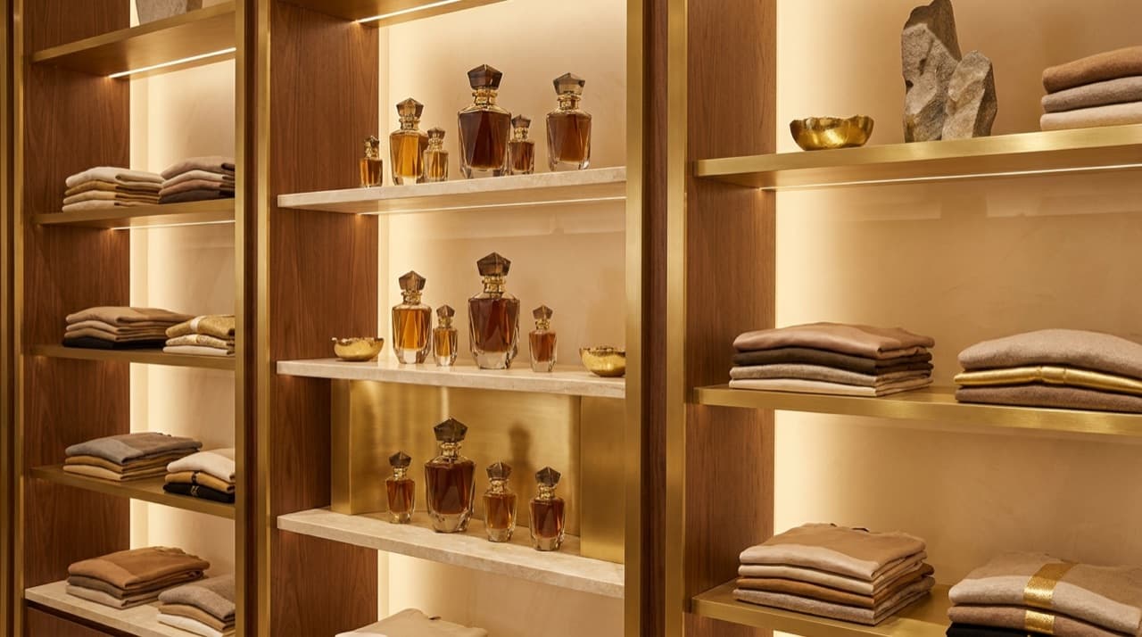 A warm-lit luxury boutique display of faceted oud perfume bottles and neatly folded garments on shelves