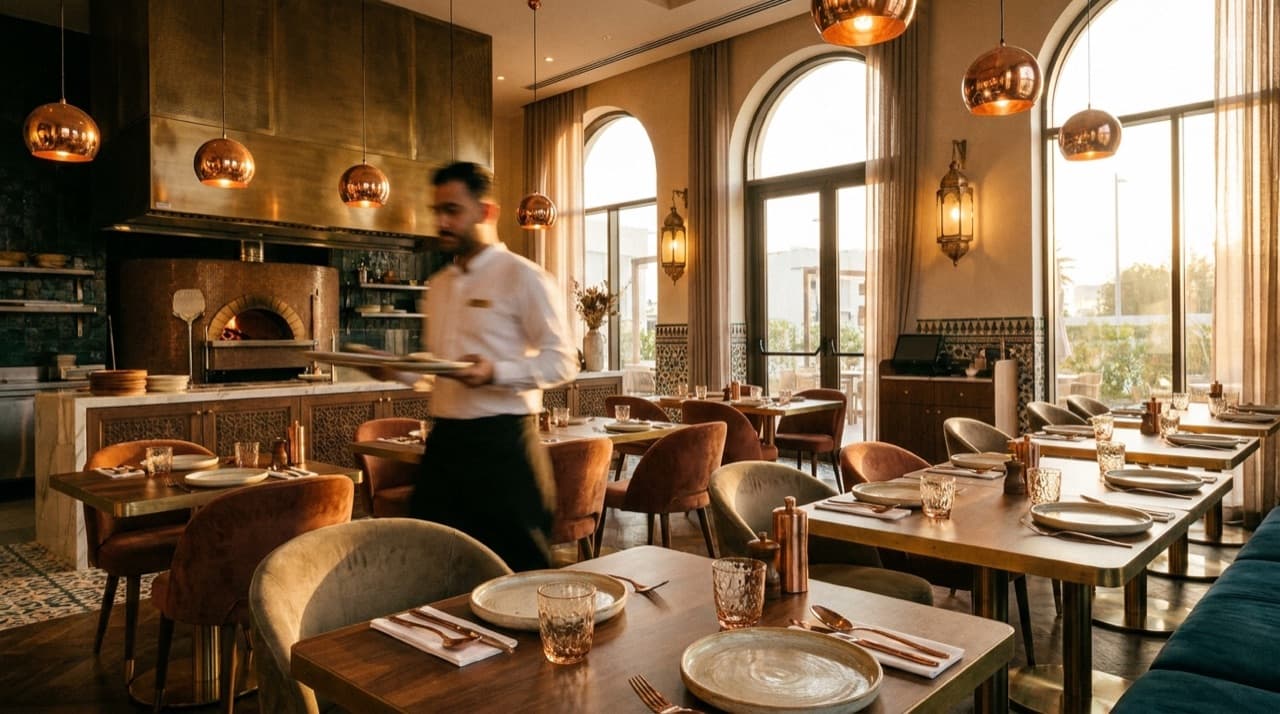 Elegant modern Middle Eastern restaurant interior at golden hour with set tables, warm pendant lights and a waiter carrying plates