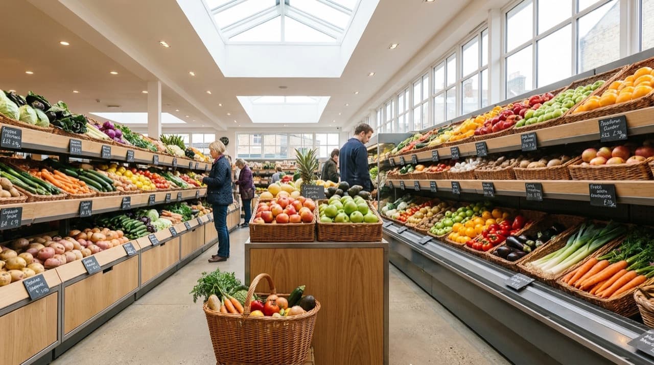 A bright neighbourhood supermarket produce aisle with colourful fresh fruit and vegetables and a shopping basket