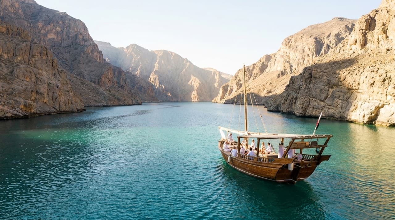 A traditional wooden Musandam dhow cruising past dramatic fjord cliffs on turquoise water in the Strait of Hormuz, Oman