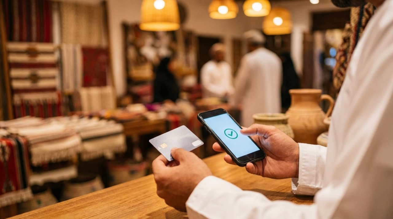 A customer's hands holding a bank card and a phone to complete a payment at a small Omani boutique counter