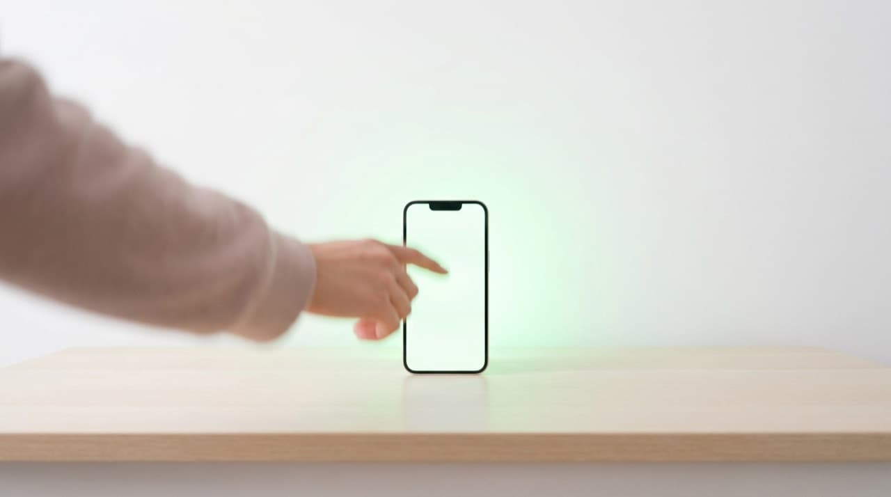 A single smartphone on a clean light desk with a soft green glow behind it and a hand reaching to tap the screen