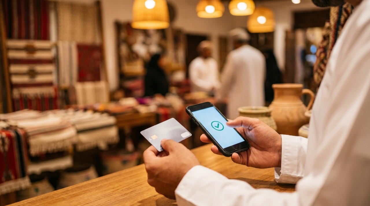 WhatsApp payment checkout interface with AmwalPay gateway in Omani Rials